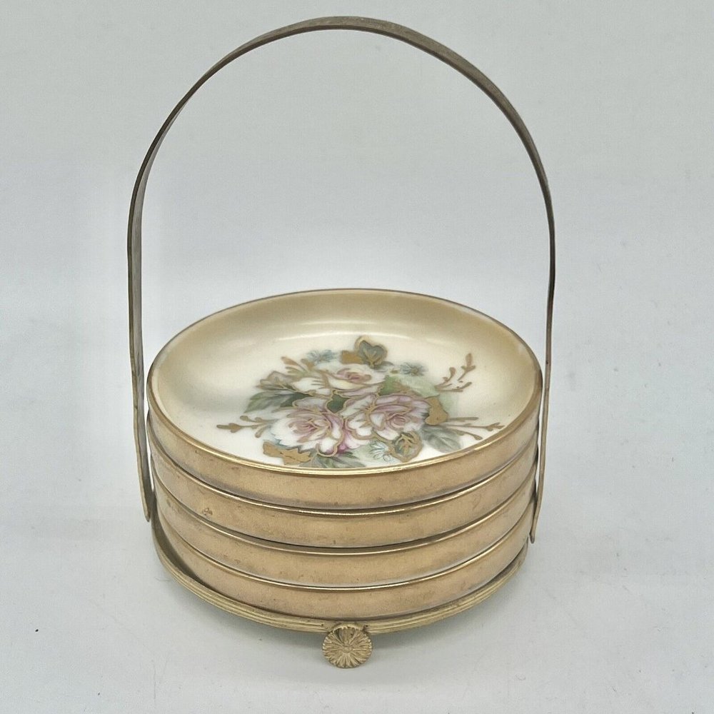 4 Vintage Ceramic Small Stacking Ashtrays with Metal Holder Royal Crown